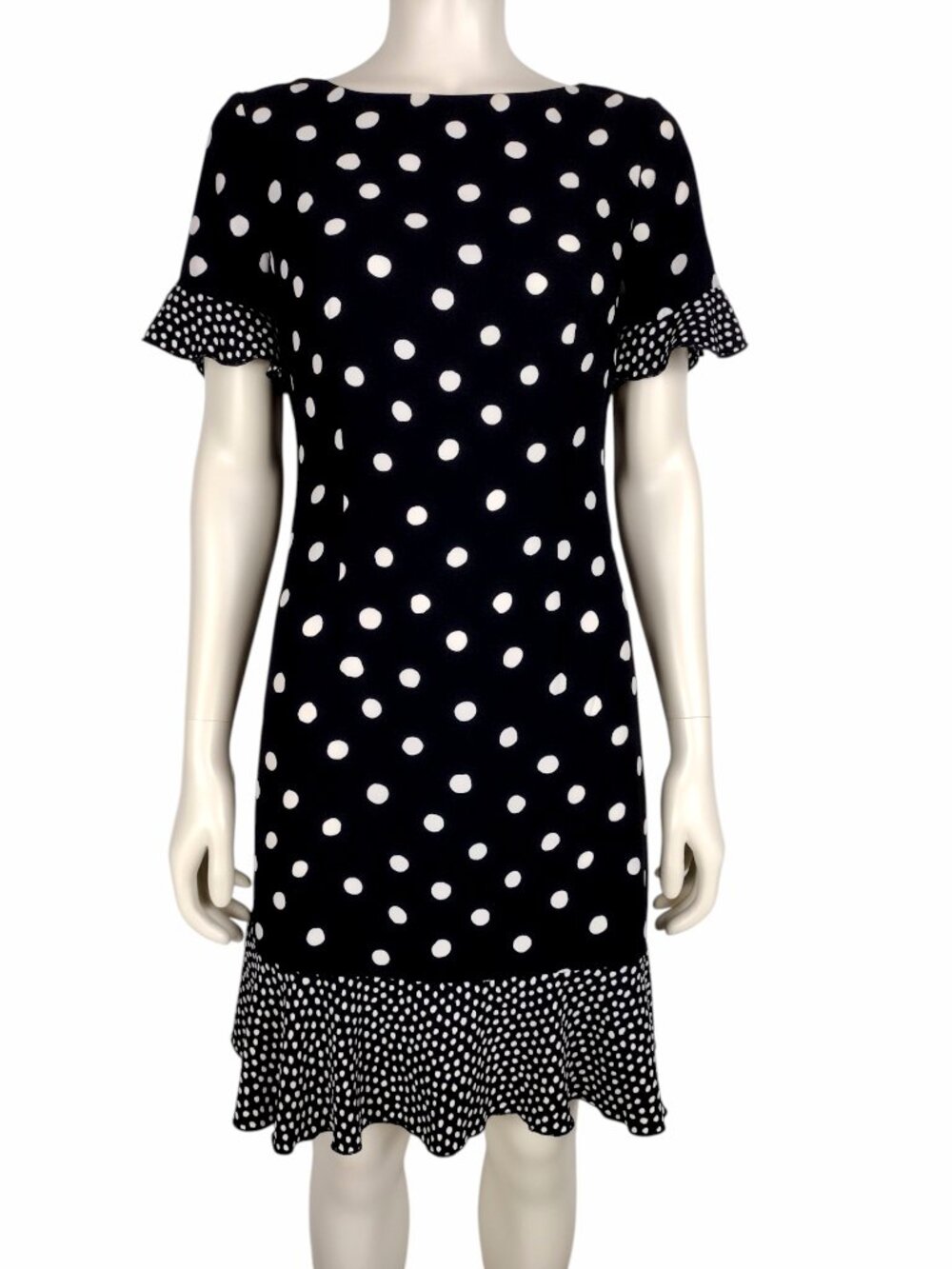 Talbots Black and White Crepe Polka Dot Ruffled Hem Midi Shift Dress Size 2P